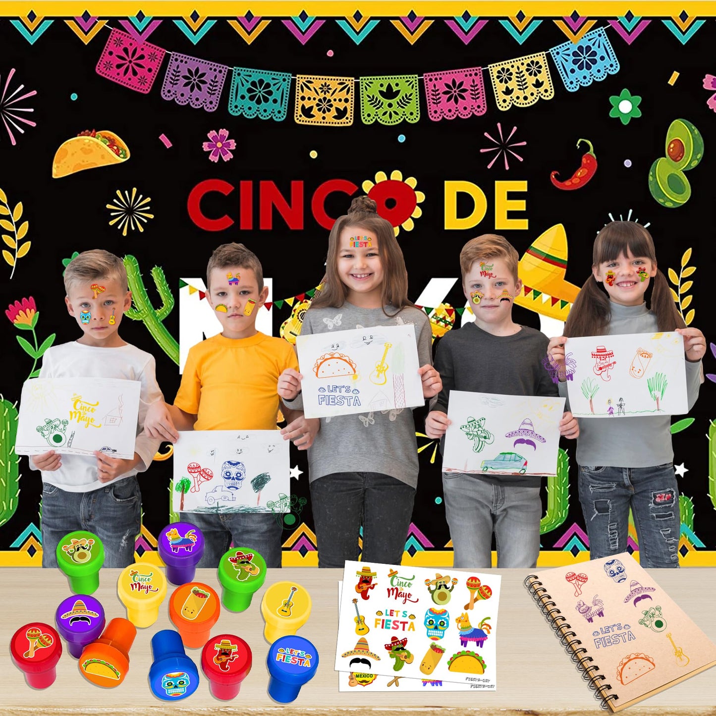 36PCS Fiesta Party Favors - 24PCS Temporary Tattoos & 12PCS Stamps - Ideal Mexican Cinco de Mayo Taco Themed Birthday Card Decorations Supplies Goodie Bag Cute Rewards for Boys Girls Kids Gifts Prizes