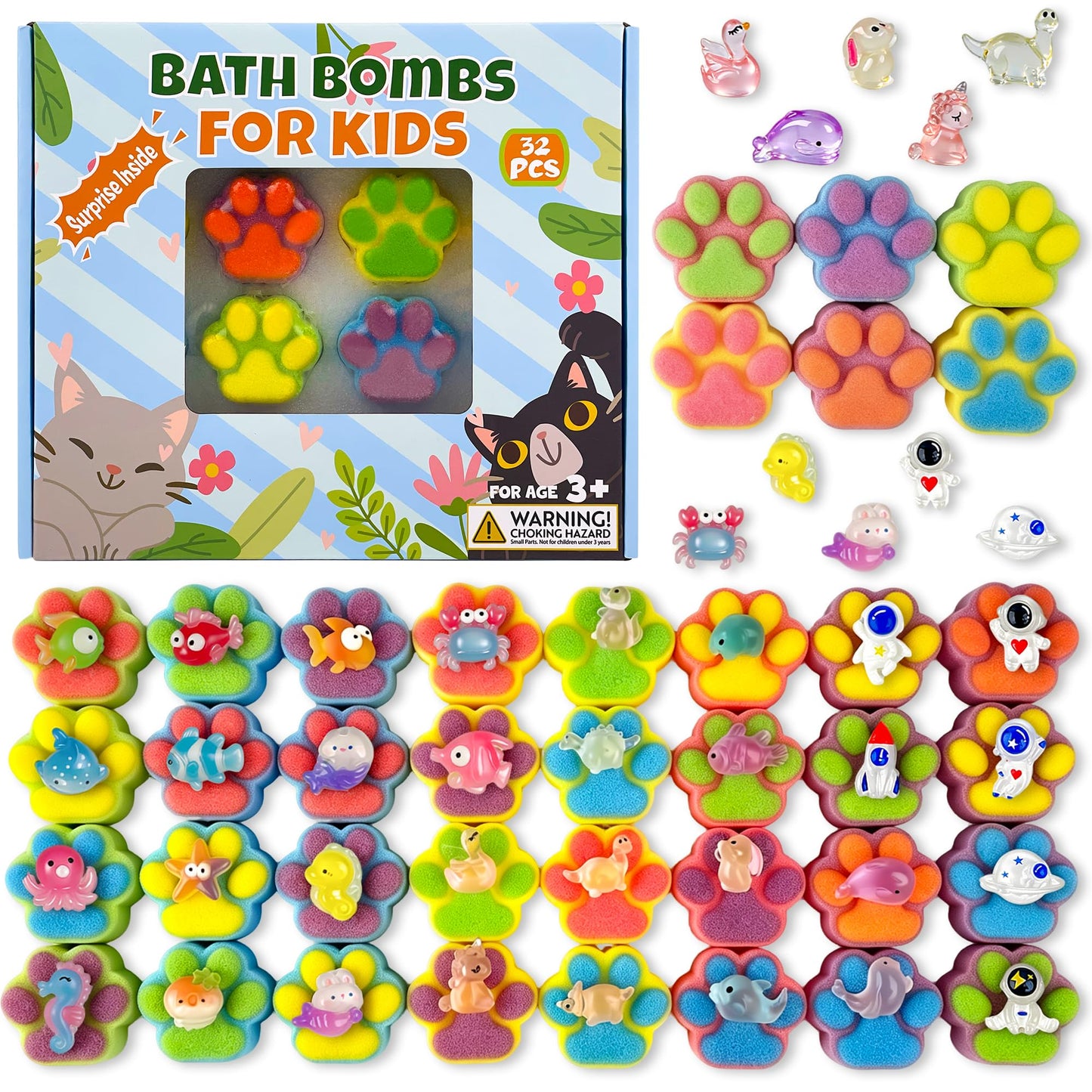 Bath Bombs for Kids with Surprise Inside, 32 Pack Paw Bath Bombs with Toy, Ocean Animals and Space Planet Toys SPA Fizzy Handmade Natural Bath Bomb Gift Set at Christmas, Birthday