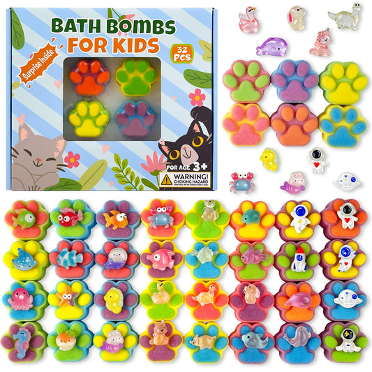 Bath Bombs for Kids with Surprise Inside, 32 Pack Paw Bath Bombs with Toy, Ocean Animals and Space Planet Toys SPA Fizzy Handmade Natural Bath Bomb Gift Set at Christmas, Birthday