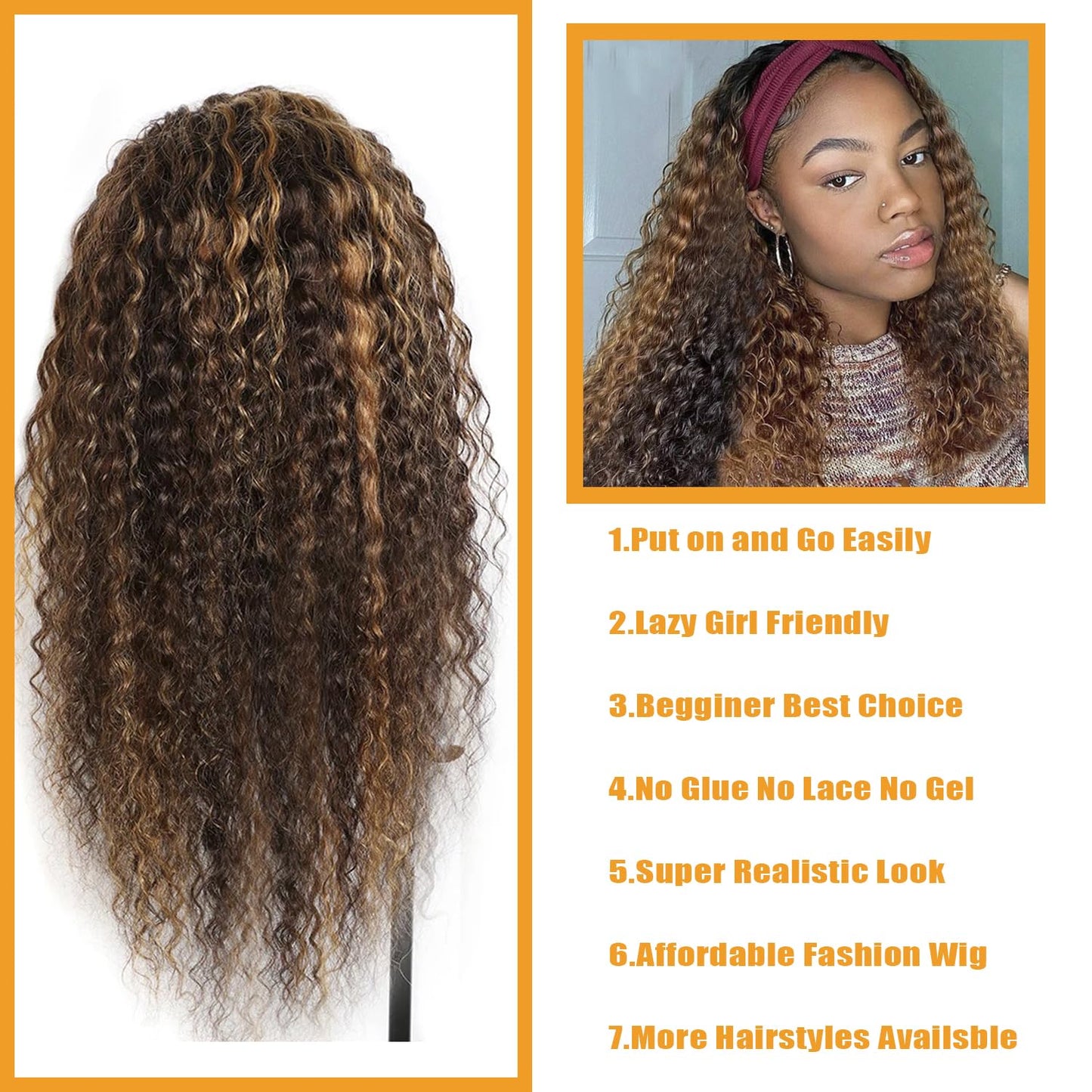 Bellarayine Brazilian Human Hair Headband Wig - Deep Wave, Highlight, Curly, Glueless (14 inch, 4/27 Highlight)