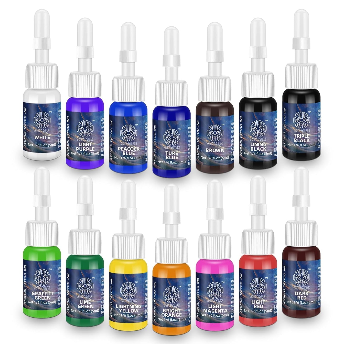 ATOMUS Tattoo Ink Kit - Natural Plant-Based Pigment Set for Permanent Makeup | 14 Colors, 1/6 oz