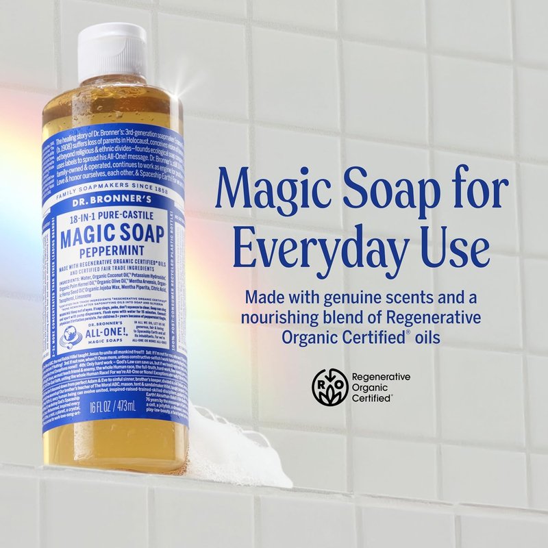 Dr. Bronner's Magic Soap - Pure Castile Liquid Soap | Peppermint, 16 oz, 2-Pack - Vegan, Organic, Multi-Use