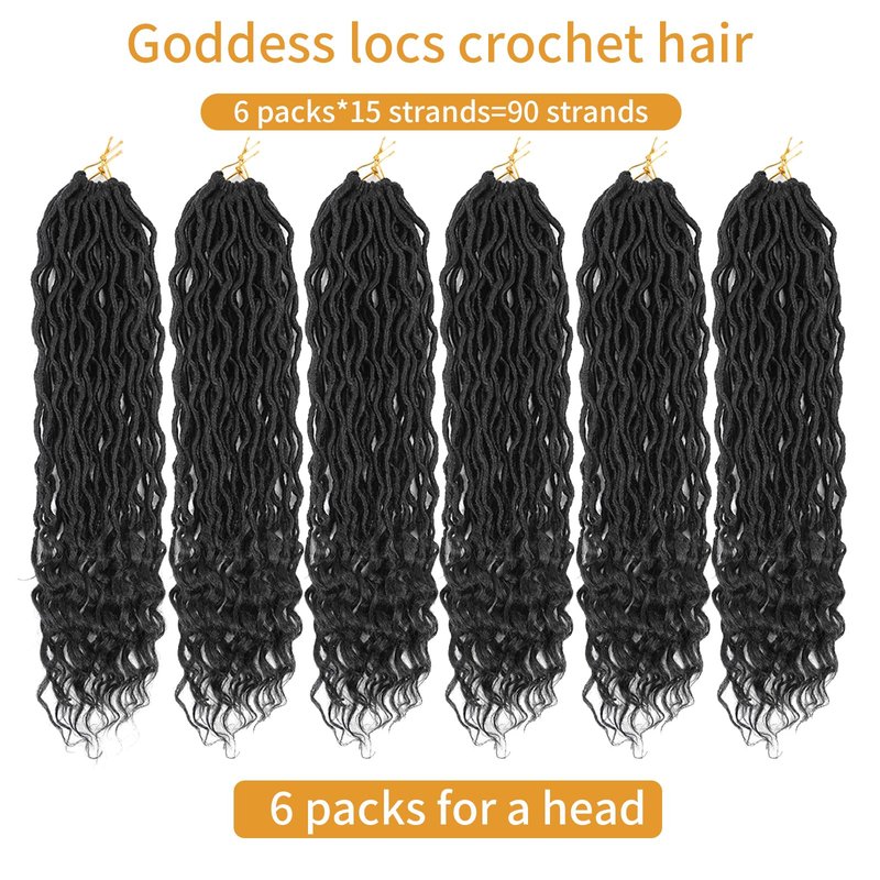 Goddess Locs Crochet Hair 24 Inches 6 Packs Pre Looped Faux Locs Crochet Hair For Women Soft Bohemian Crochet Faux Locs With Curly Ends(1B, 24 Inch, 6 Packs)