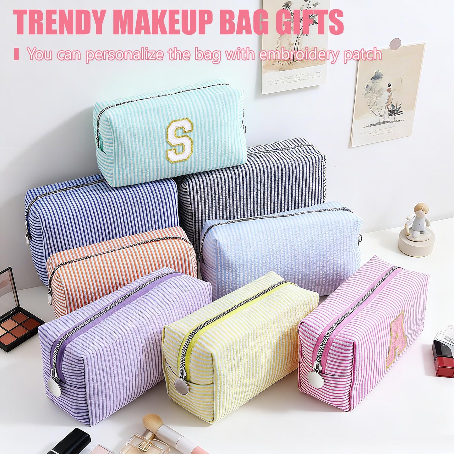Giesiery 8 Pcs Seersucker Makeup Bags Striped Cosmetic Bags Bulk Organizer for Women Preppy Travel Toiletry Pouch for Wedding Bridesmaid Gifts (Mixed Color, Medium)