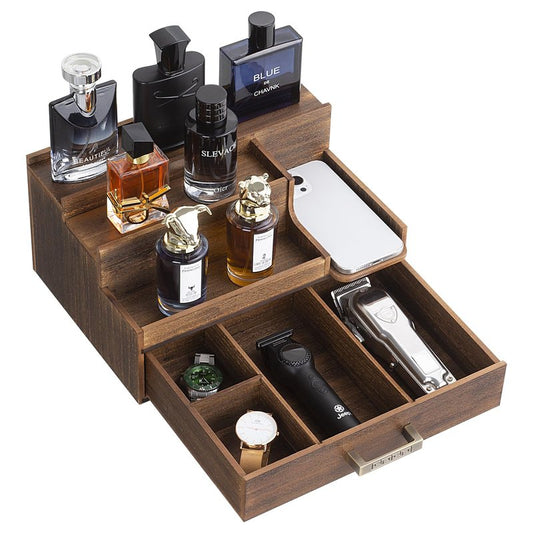 Wishtofly Cologne Organizer for Men, 3 Tier Perfume Display Stand with Drawer and Hidden Compartments, Stylish Wooden Mens Cologne Holder for Dresser Storage, Great Gift for Men/Fathers, Deep Brown