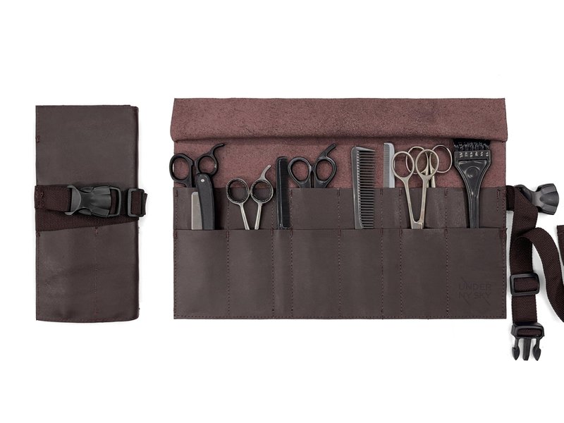 Under NY Sky Salon Scissors Roll Up Holder – Professional PU Leather Pouch Case for Hair Stylists, Barbers & Hairdressers – Portable Storage Organizer for Hair Cutting Shears & Salon Tools - Brown