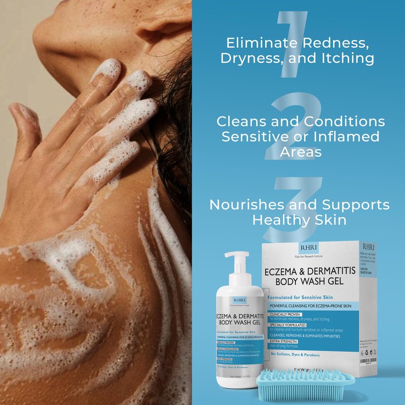 Eczema Body Wash | Eczema Treatment | Gel Cleanser For Eczema Prone Skin | Soothes Dryness & Itching, Gentle On Eczema & Dermatitis, Sulfate-Free With A Free Scrubber Brush