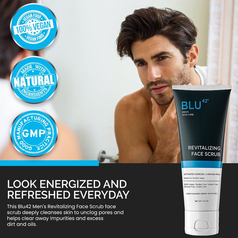 Face Scrub for Men by Blu42 – Exfoliating Facial Cleanser with Natural Ingredients – Deep Clean for Oily & Acne-Prone Skin – 4 oz