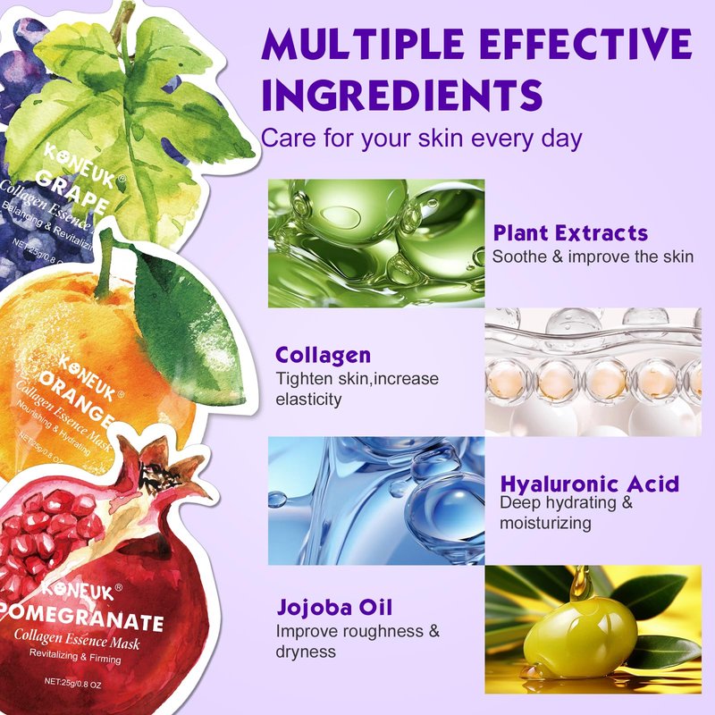 KONEUK 72 Pack Fruit Shaped Sheet Face Mask, Mothers Day Gifts for Mom, Collagen Hydrating Face Masks Skincare for All Skin Types, Bulk Teacher Gifts and Spa Party Gifts(9 Types x 8 Pcs)