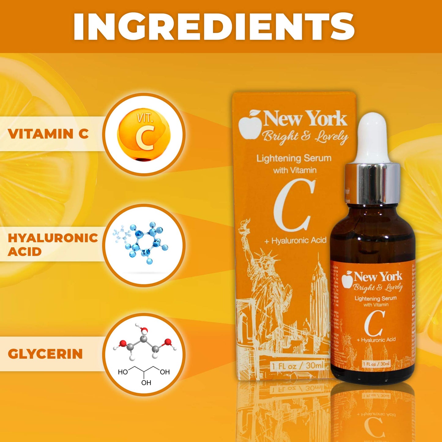 New York Bright & Lovely, Hyaluronic Acid Serum for Face | 1 Fl oz / 30 ml | Anti Aging, Anti Wrinkle, Spotless Treatment, Advanced Formula, with Vitamin C, For Women and Men