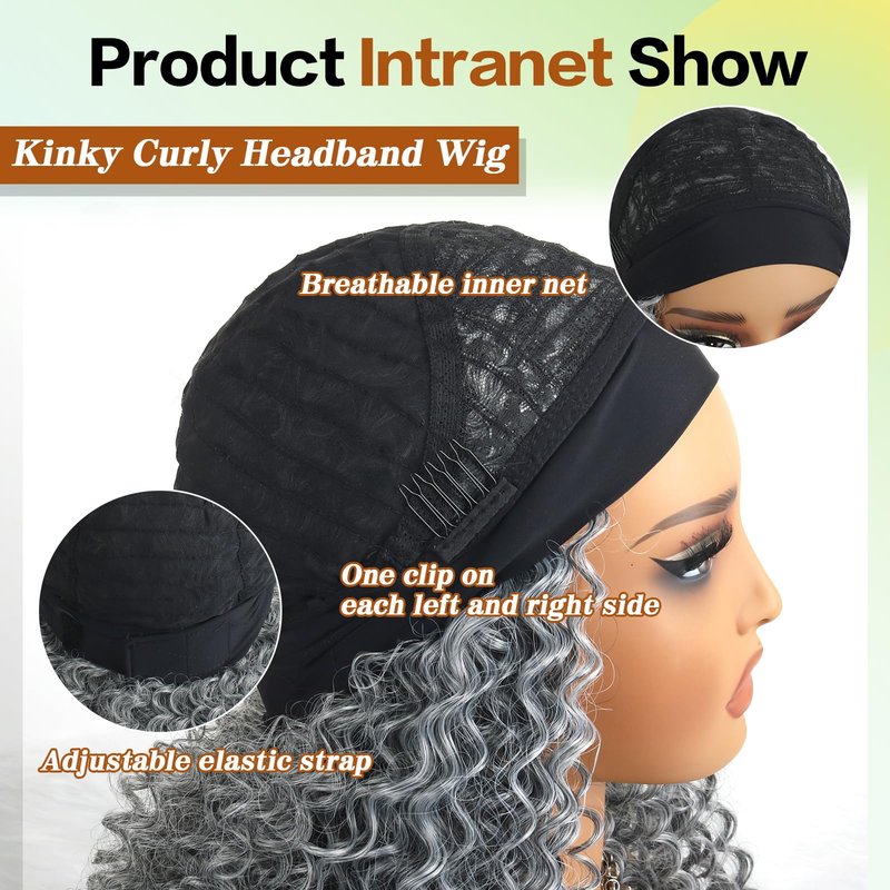 Aisaide Kinky Curly Headband Wig 12 Inch Grey Deep Curly Headband Wigs for Women Short Glueless No Lace Deep Curly Half Hair Wig