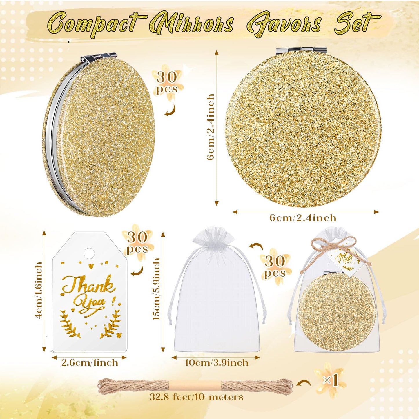 Chunful 30 Sets Compact Magnifying Mirrors Gifts with Thank You Card and Rope Quinceanera Party Favors for Guests Bridal Shower Wedding Souvenir Bridesmaids Mother's Day(30 Pcs,Champagne)