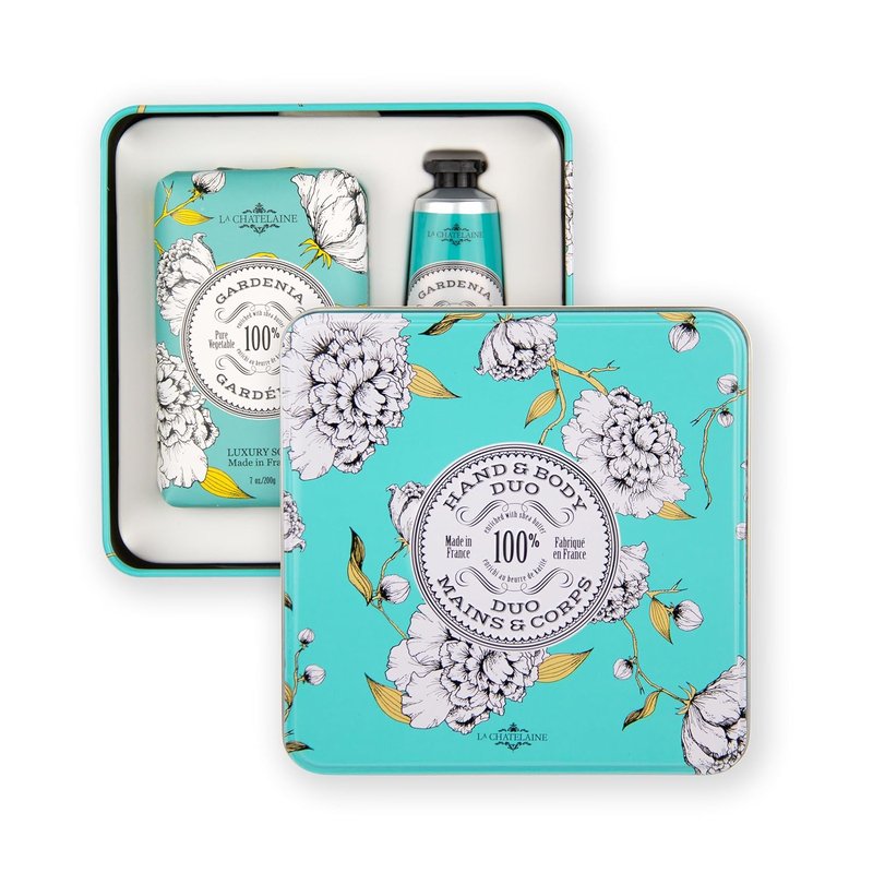 Gardenia Bar Soap & Shea Butter Hand Cream Gift Set - Natural & Organic | Decorative Tin, 7 oz. Soap Bar, 1 oz. Lotion