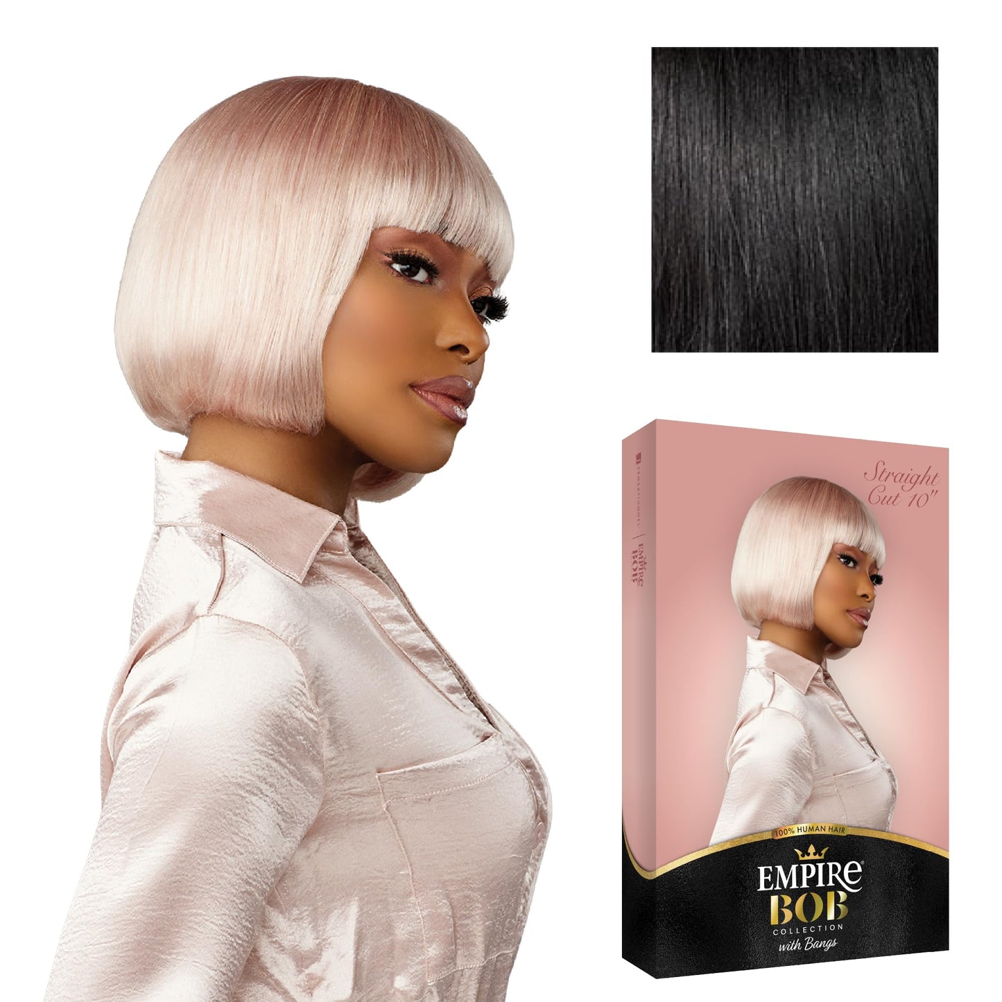 Sensationnel Empire Bob Humanhair Wig - Straight Cut Face Framing Mesh Cap for Comfort With Bangs (10 inch, 1 JETBLACK)