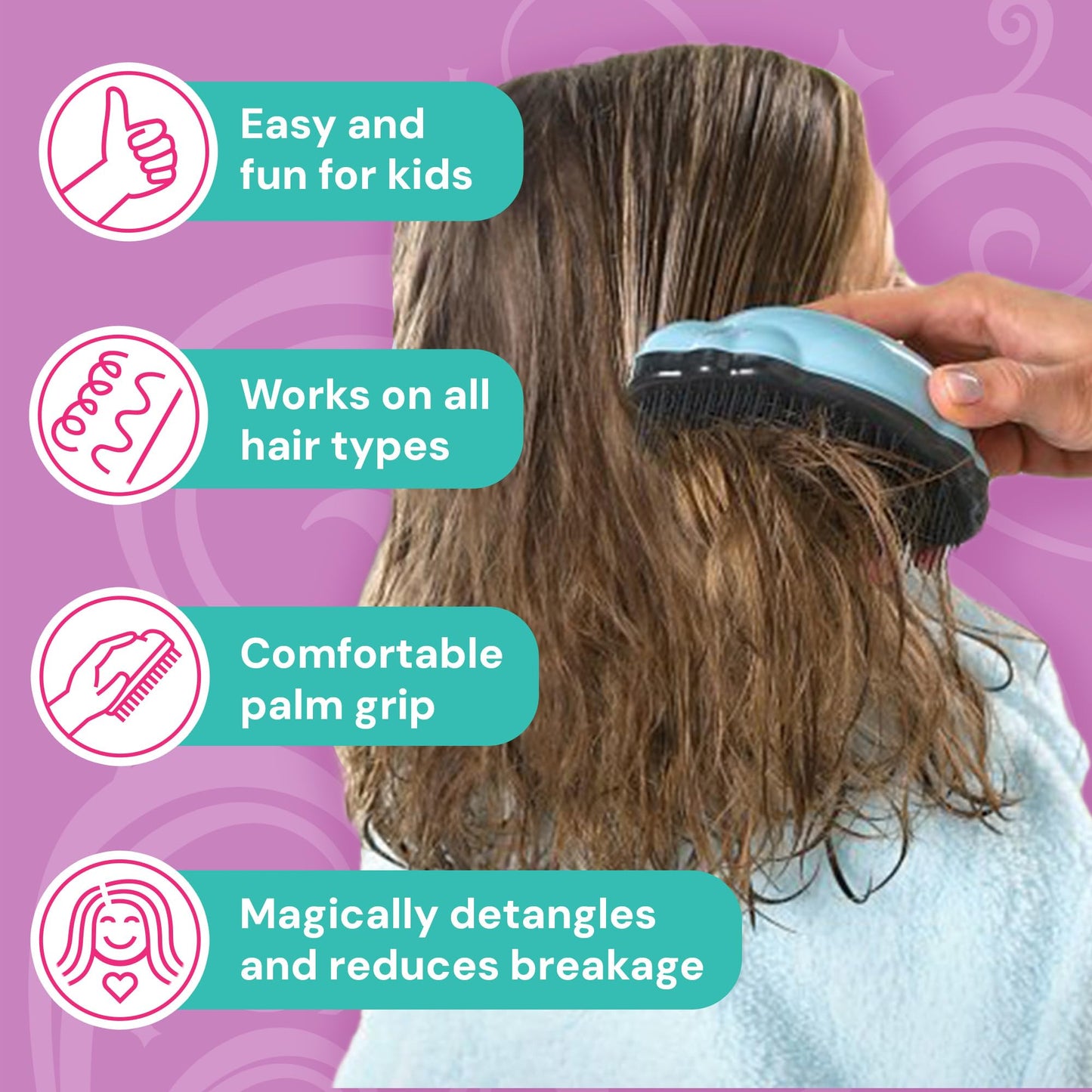 Knot Genie Teeny Detangling Hair Brush for Kids (Puff of Purple) | Perfect Detangling Brush for Curly Hair, Gently Separate Tangles, Leaves Hair Smooth and Shiny | The Pain Free Knot Detangler