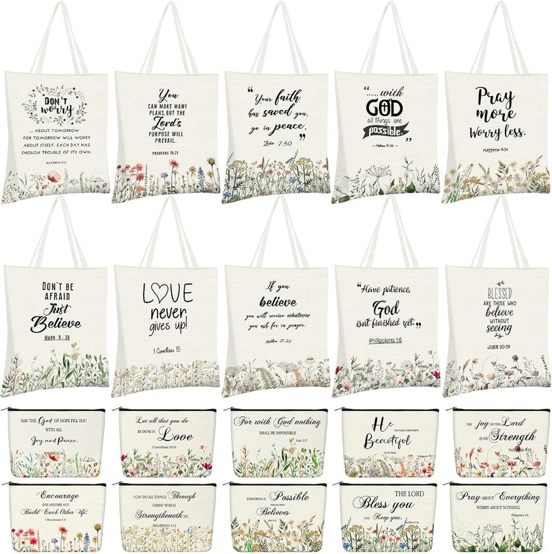 Christian Tote Bags & Makeup Bags Set - 20 Pcs Bible Verse Gifts for Women | Classic Design