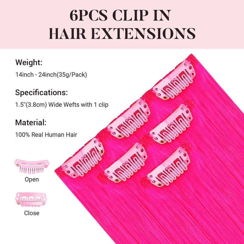 MAXITA Clip in Hair Extensions Real Human Hair,Remy Hair Extensions Clip ins Double Weft for Women,Natural Real Human Hair,18Inch 35g 6Pcs,HotPink