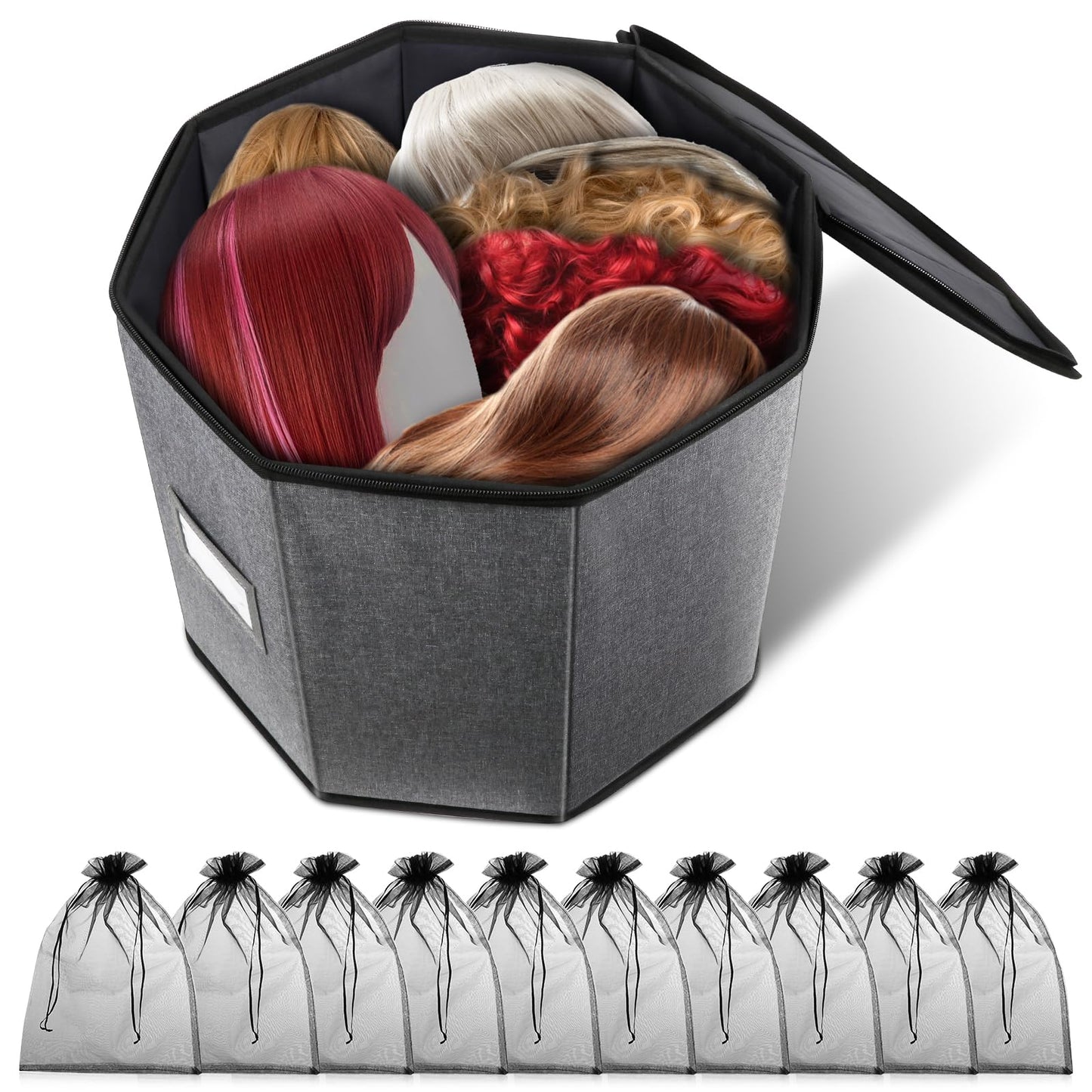 Lukeline Wig Storage Box,Wig Travel Case,Foldable Wig Travel Case for Men and Women,Yarn Organizer, Cosmetic Cabinet Storage Bag