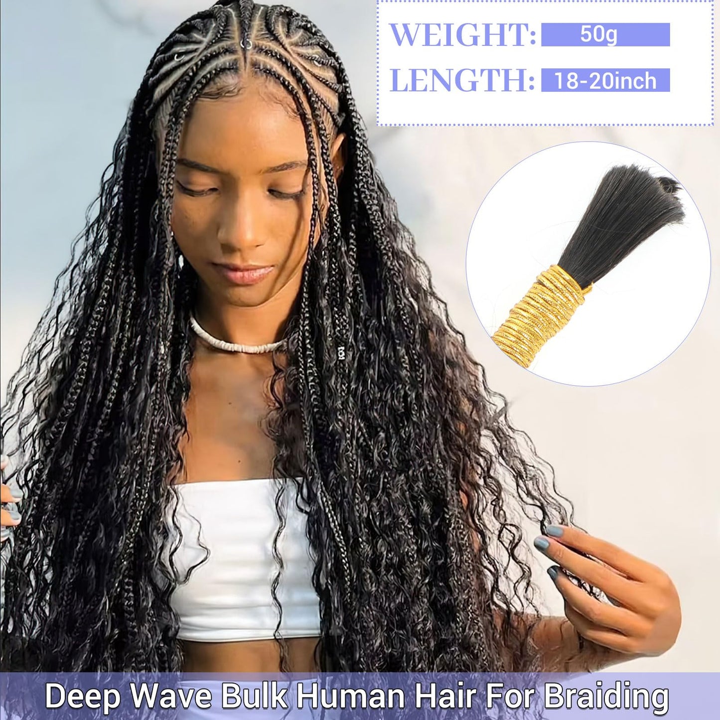 Human Braiding Hair, 18 Inch Deep Water Wave Bulk Human Hair for Braiding 12A No Weft 100% Brazilian Virgin Curly Human Hair for Boho Knotless Braids 1 Bundles/Pack 50g Natural Color