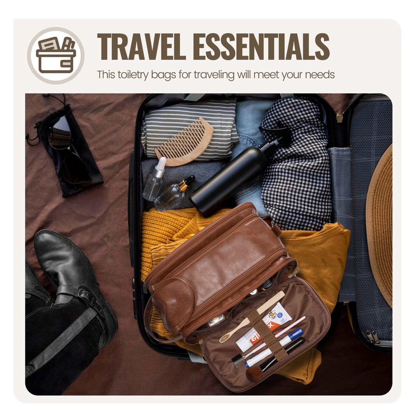 IUI Toiletry Bag for Men - Large Mens Travel Bag Toiletries Organizer- Shaving Bag for Toiletry Bathroom Water-resistant Hanging Dopp Kit PU Leather Cosmetic Bags for Traveling, Brown