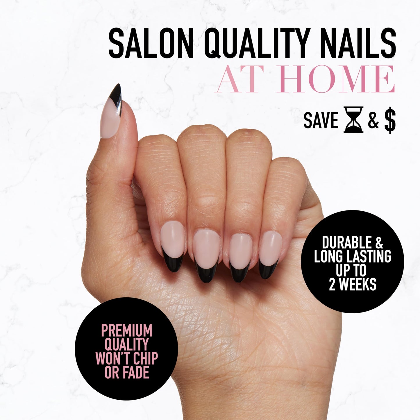Glamnetic Press-On Nails Bundle - Caviar & Boba | Semi-Transparent, Short Almond Nails, Reusable | Opaque Black Short Almond Nails | Reusable Nail Kit with Glue