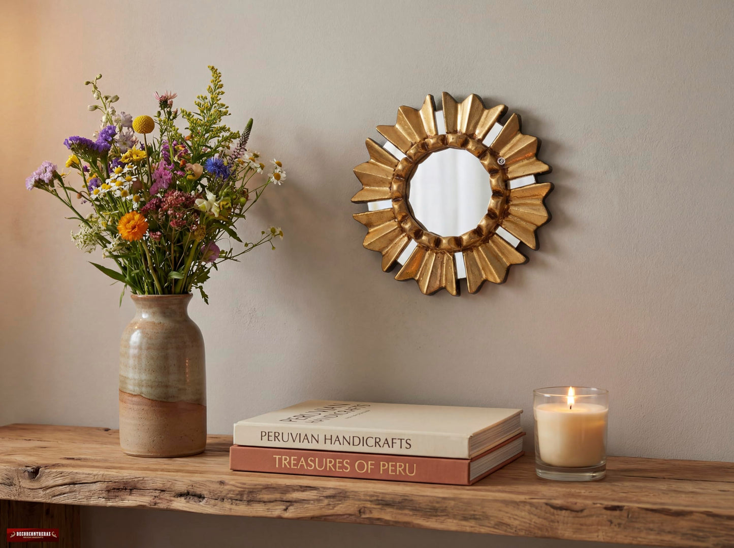 DecorContreras Small Round Wall Mirror with Bronze Leaf Frame 6in -Peruvian Sun Design - Handmade Wood Hanging Mirror Decor