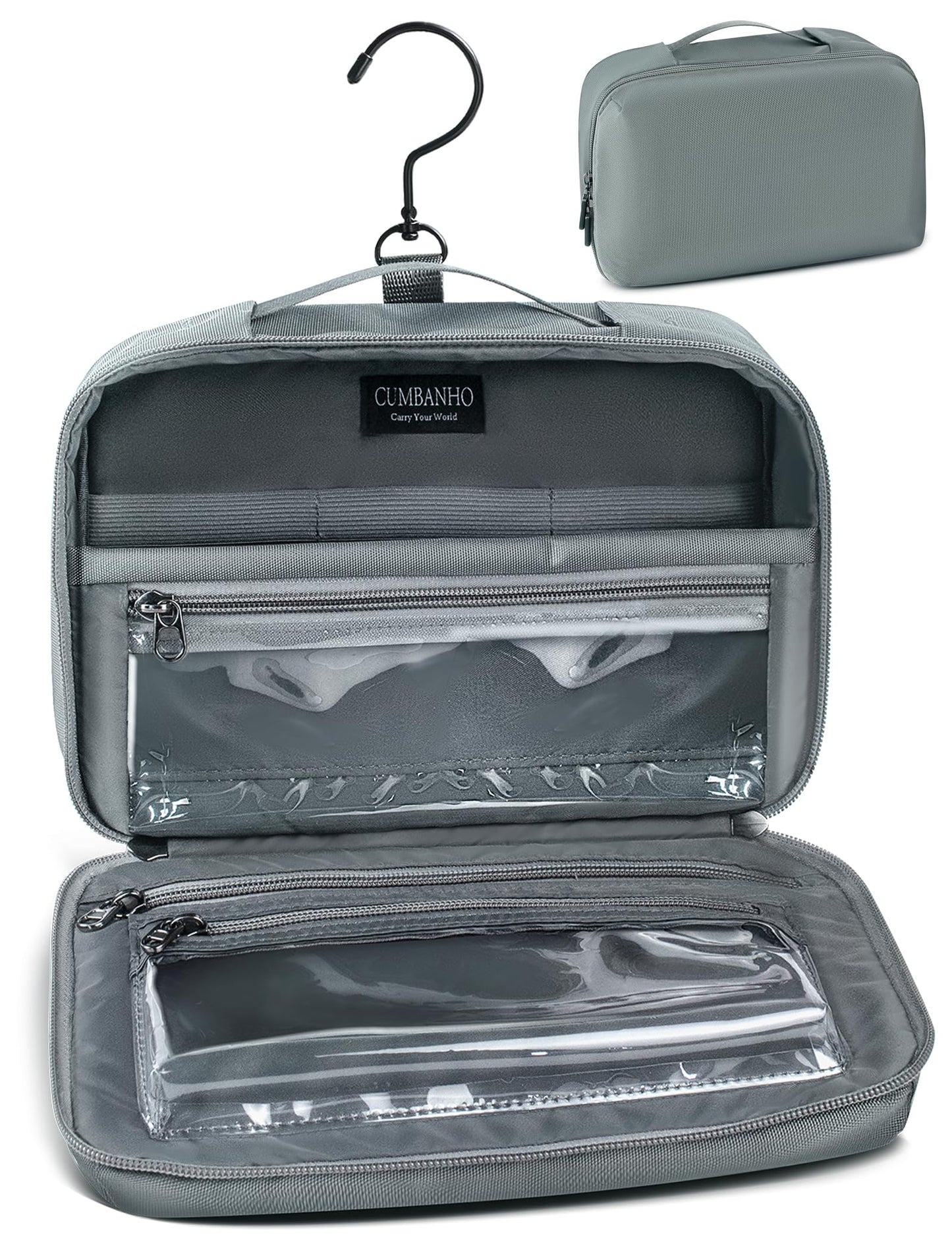 Cumbanho Hanging Toiletry Bag for Men, Toiletries Travel Kit with 360° Swivel Hook, Water-Resistant Nylon Dopp Kit,Shaving Bag with Clear Pockets Used for Trip,Daily or Gift,Graphite Gray