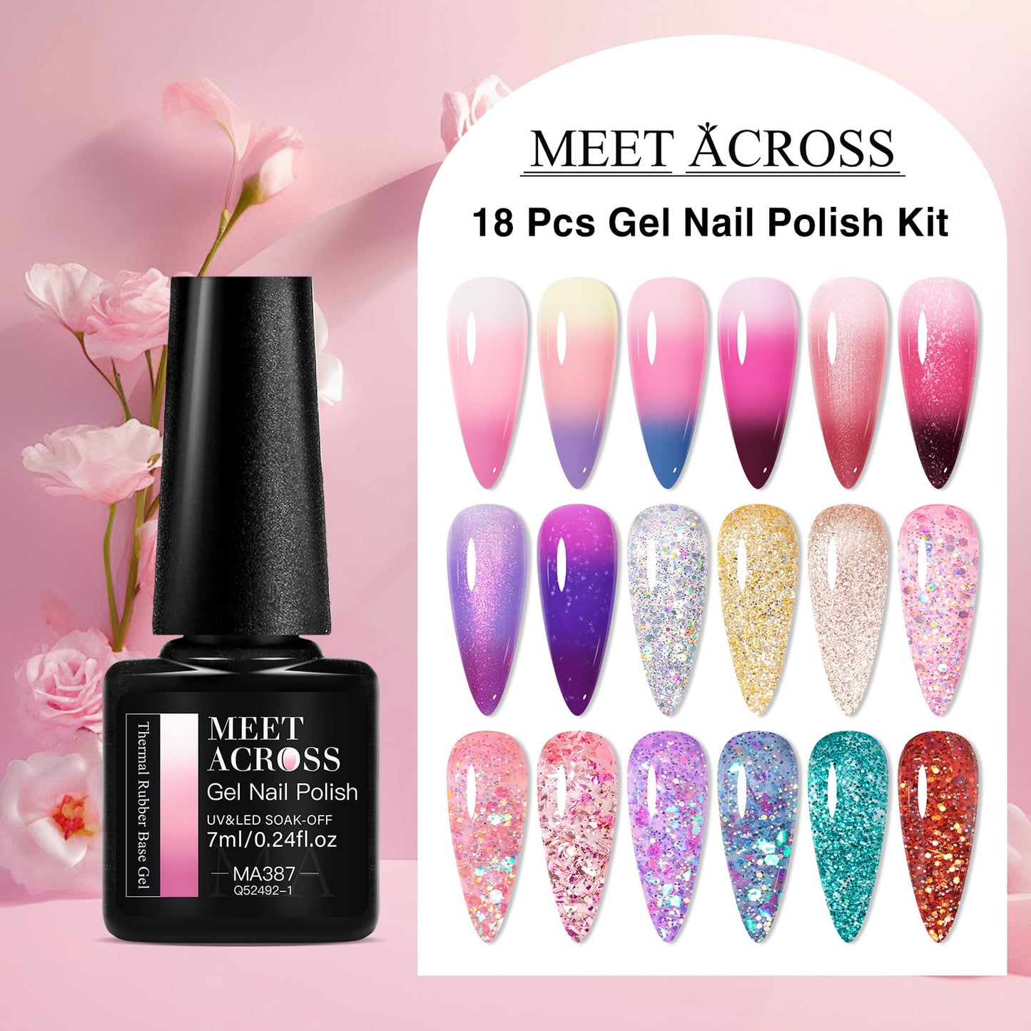 MEET ACROSS Color Changing Rubber Base Builder Gel Polish Nude Pink Purple Mood Temperature Change Nail Polish + Jelly Glitter Gel Nail Polish, Base Color Gel Polish Set 18pcs*7ml