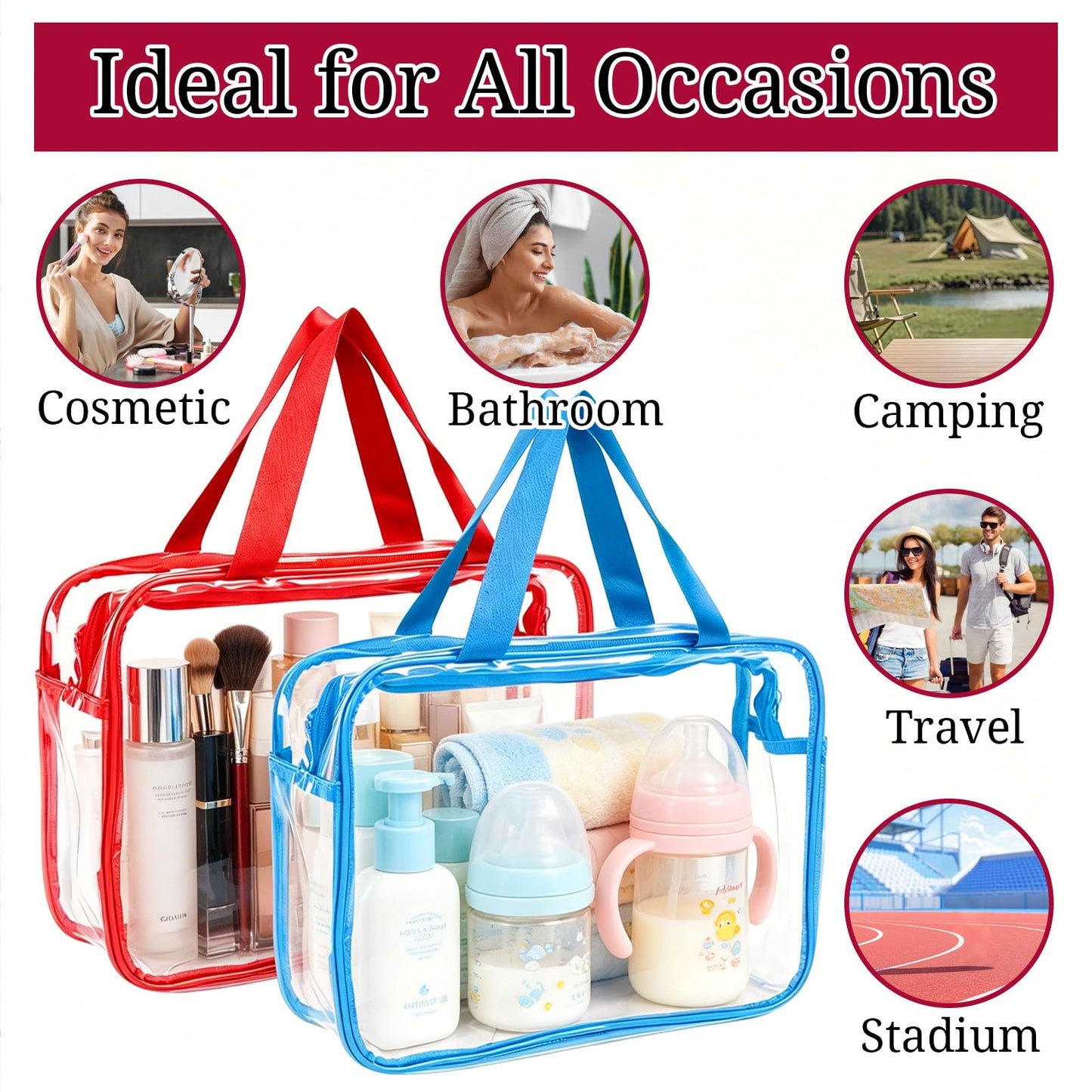 YOQIVEXU 4 Pack Large Clear Makeup Bag, Heavy Duty PVC Clear Cosmetic Toiletry Organizer Bags with Handle, Waterproof Plastic Toiletry Zipper Tote Bags for Travel, Gym, Cosmetic, Toiletry