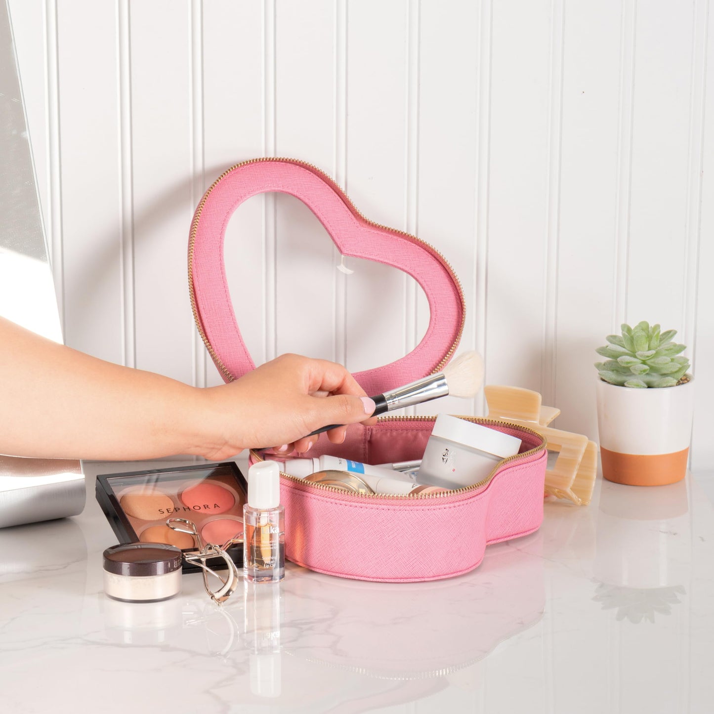 Aaly Beauty Heart Makeup Bag – Pink Heart Cosmetic Bag with Clear Cover – Gift Ideas for Women, Mom, Girlfriends, Her - Large Capacity for Full Size Makeup, Skincare and Brushes