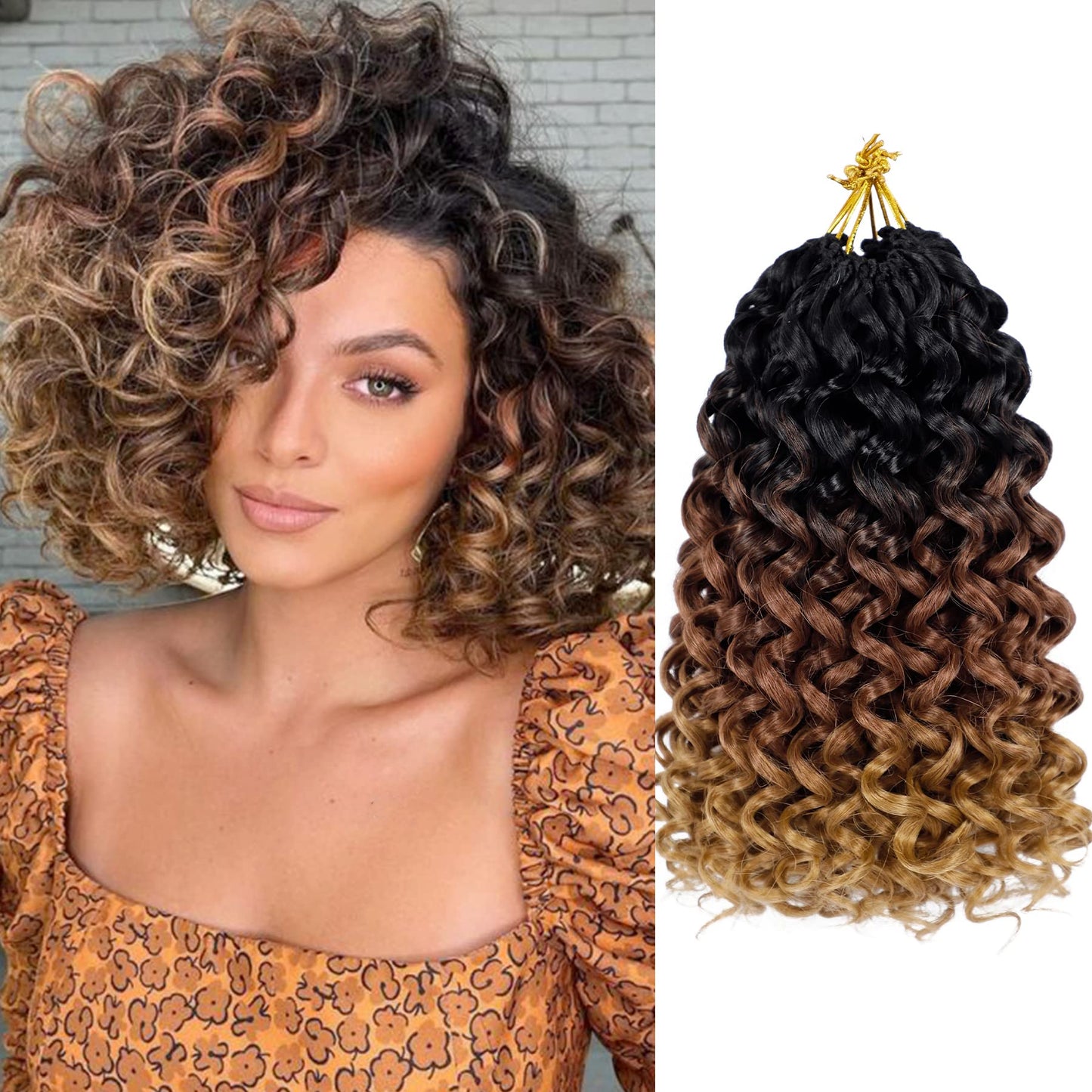 Vomella GoGo Curl Crochet Hair 8 Packs Water Wave Hair 10 Inch Curly Crochet Hair for Women Short Beach Curl Hair Synthetic Deep Twist Hair Extensions(1B/30/27#)