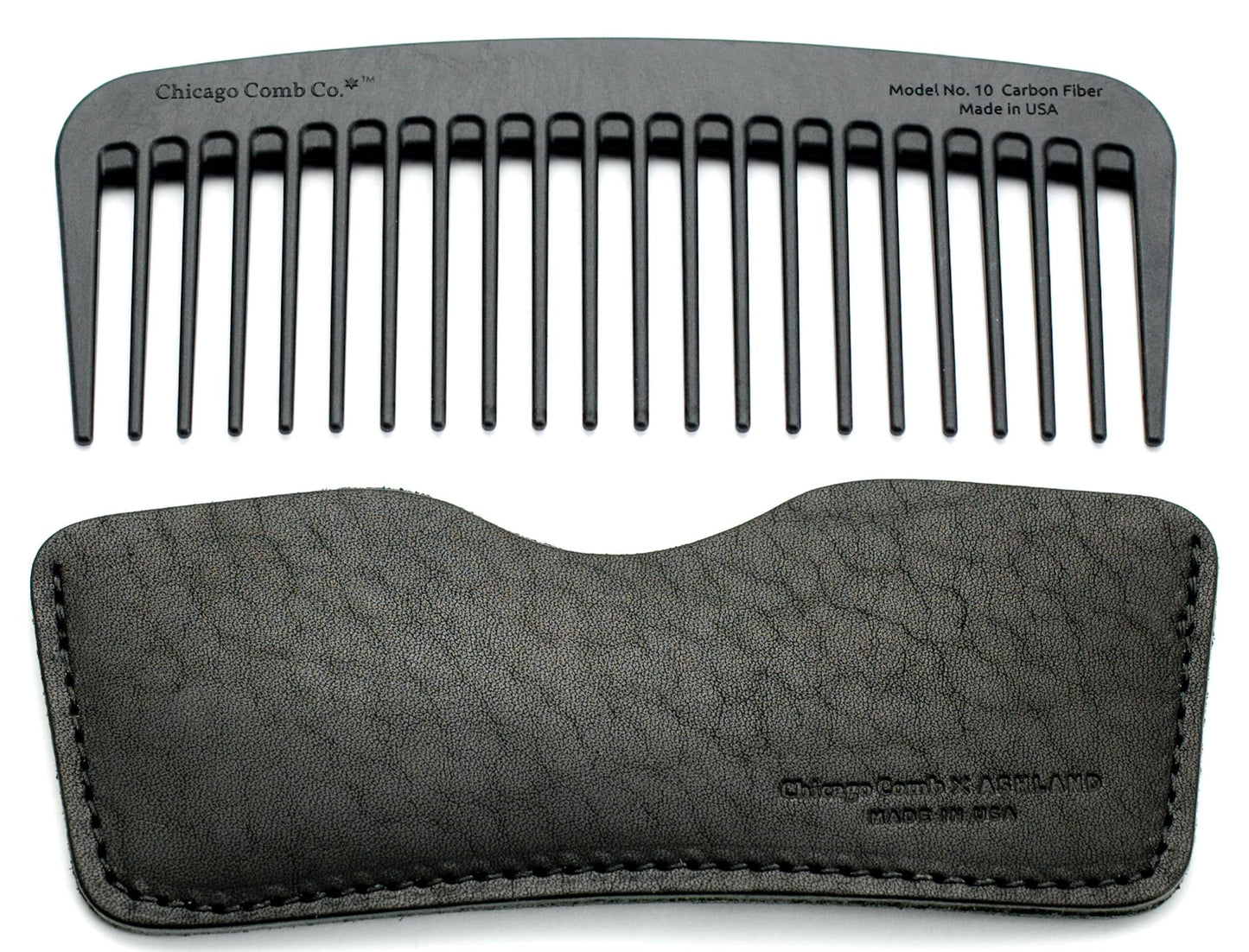 Chicago Comb Model 10 Carbon Fiber + Black Horween Leather Sheath, Wide Tooth, Made in USA
