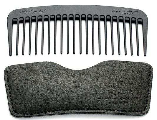 Chicago Comb Model 10 Carbon Fiber + Black Horween Leather Sheath, Wide Tooth, Made in USA