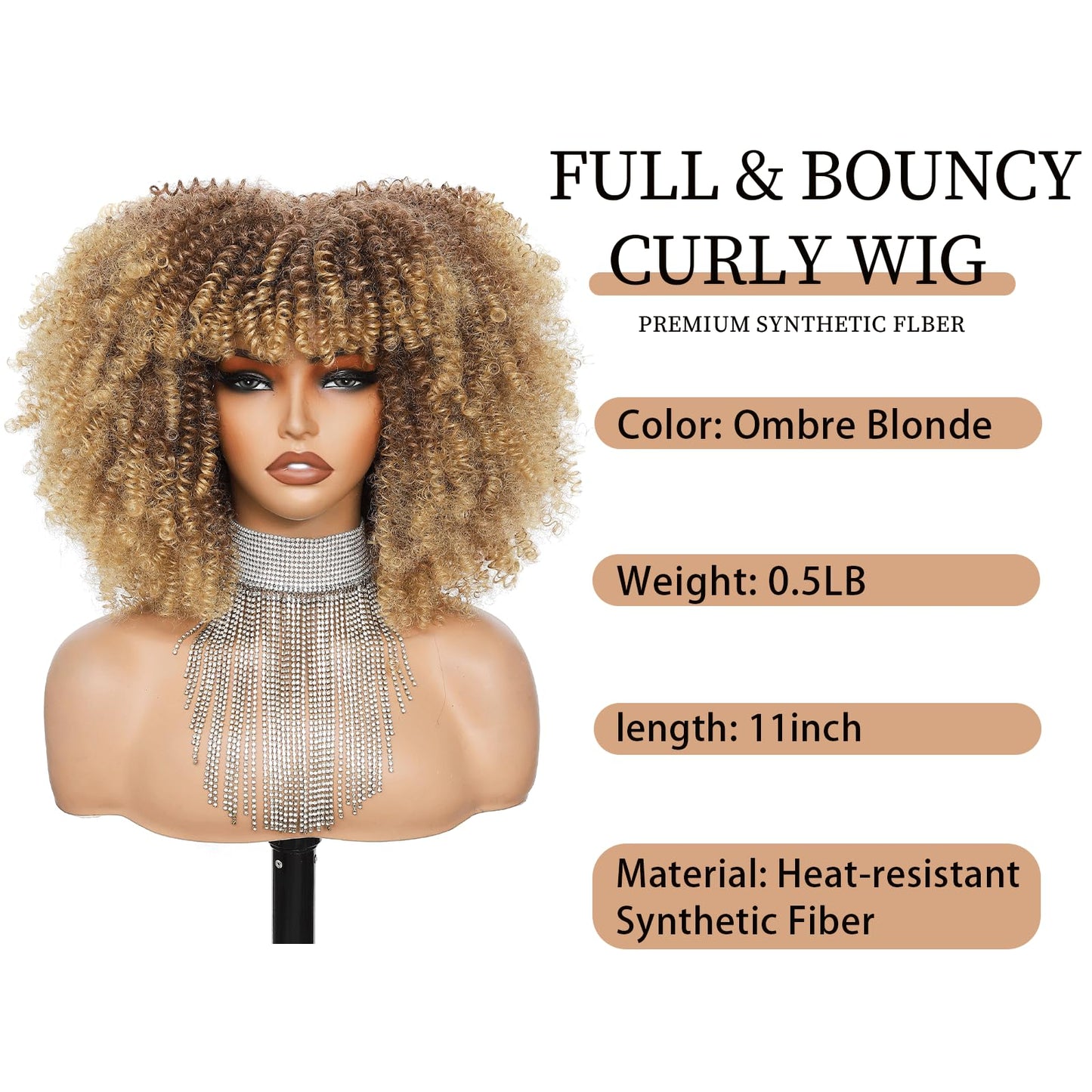 Charming cascade Curly Afro Wig with Bangs, Ombre Blonde 11 Inch Long Kinky Curly Wig, Voluminous Natural Fluffy Curly Synthetic Fiber Glueless Wigs for Black Women Hair Replacement Wigs