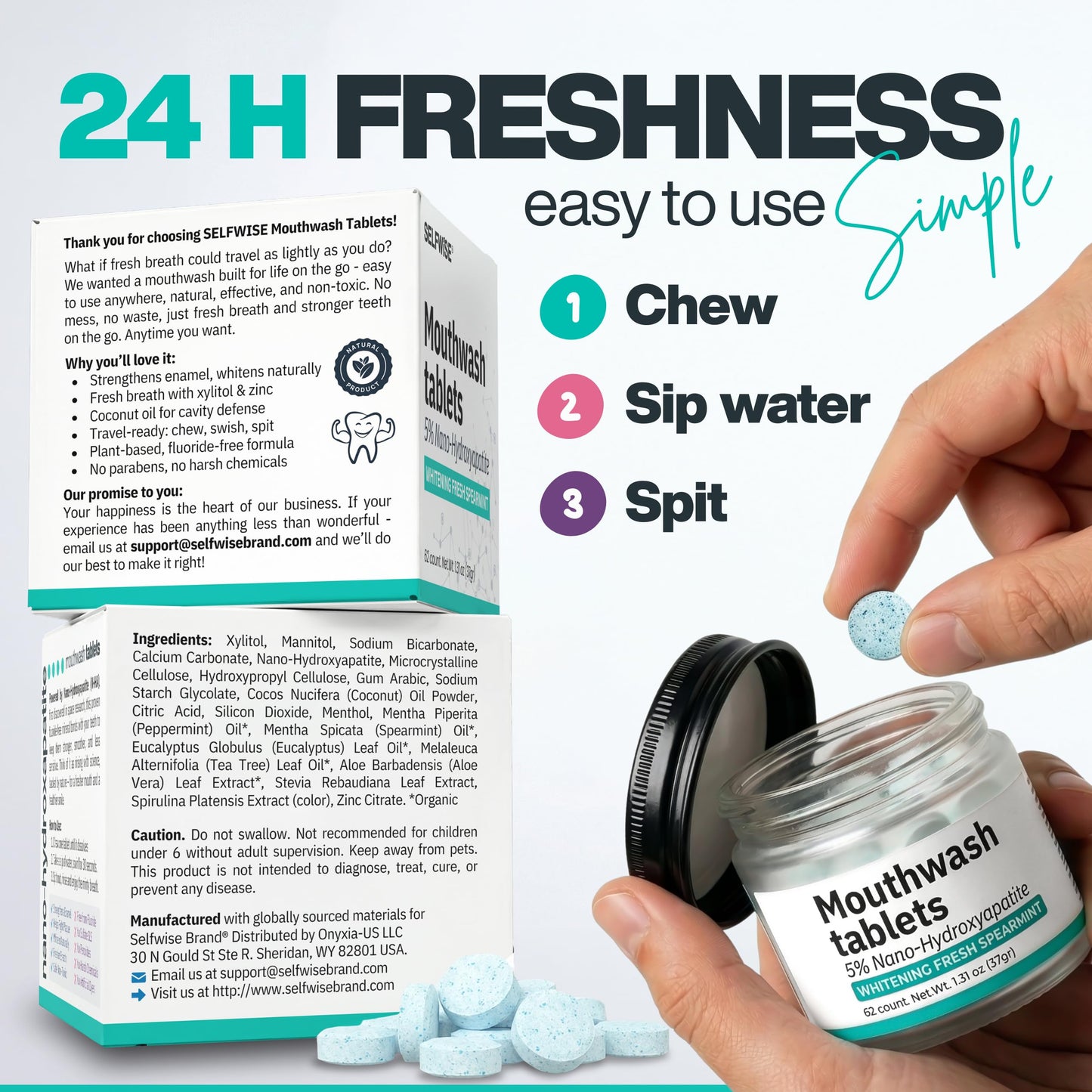 Mouthwash Tablets with Nano-Hydroxyapatite, Alcohol & Fluoride Free Natural Oral Care, Whitening Mouth Wash Tabs for Dry Mouth & Bad Breath. Travel-Friendly, Eco & SLS-Free