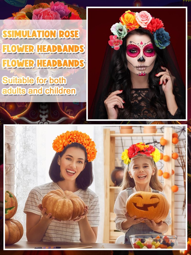 Zeyune Mexican Flower Headband Fiesta Rose Flower Crown Costume Mexican Headpiece for Women Party Cosplay Halloween(Bright Color,8 Pcs)