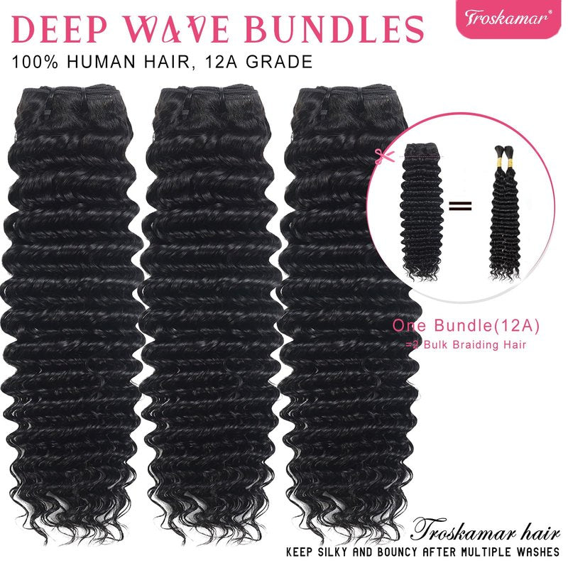 Deep Wave Bundles Human Hair 20 Inch 12A Raw Indian Human Hair Single Bundle 100% Unprocessed Deep Wave Bundles Double Weft Deep Curly Weave for Black Women Natural Black Color