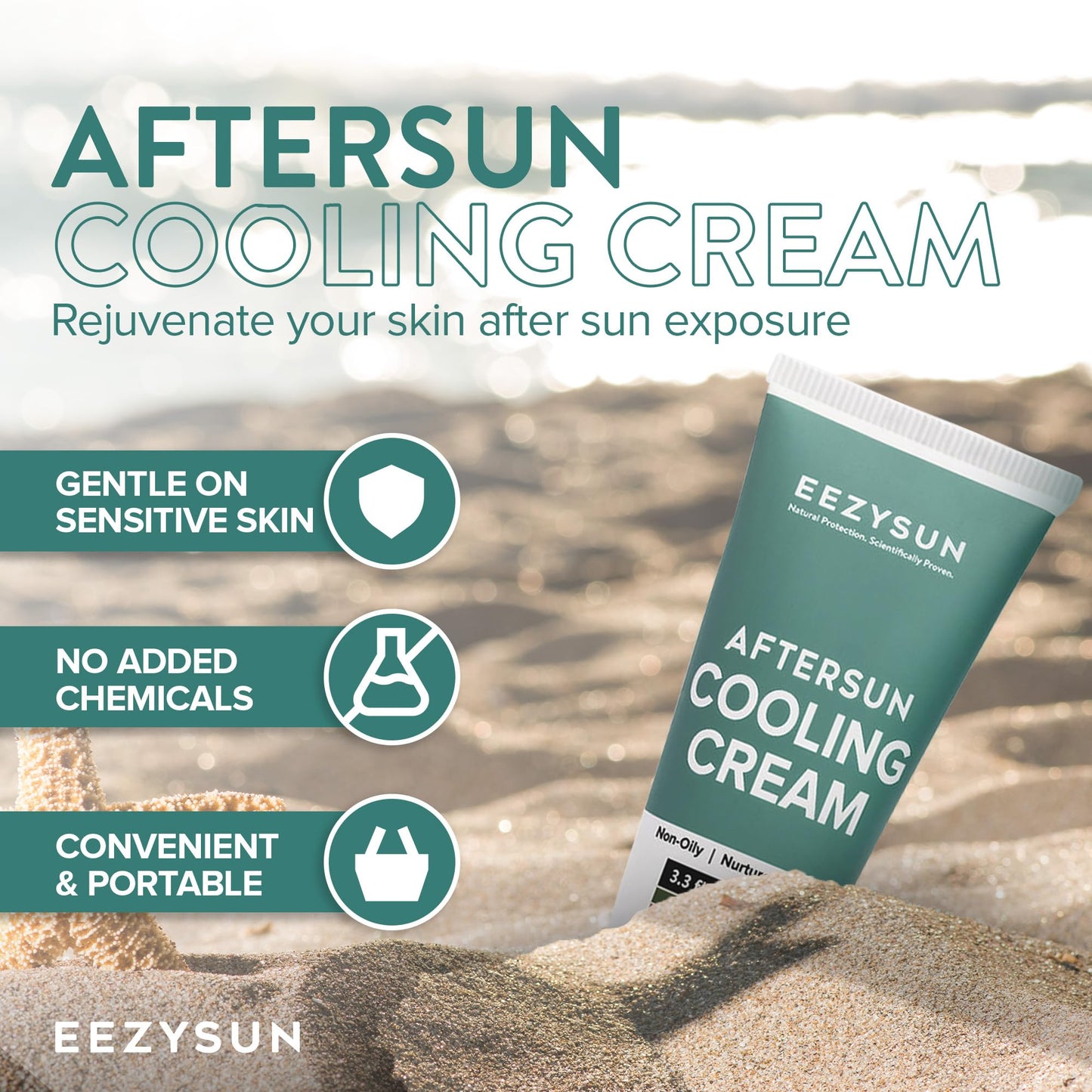 EEZYSUN AfterSun Cooling Cream - Vegan After Sun Lotion with Aloe Vera, Tea Tree Oil, Chamomile - Soothes, Hydrates Sunburn - Outdoor, Vacation, Beach Essentials, After Sun Skin Care - 3.3 fl oz