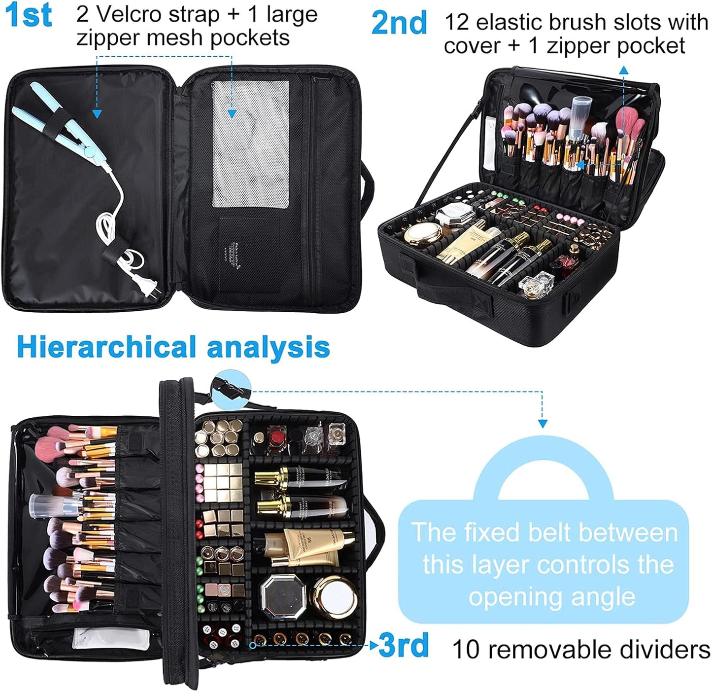 Travel Makeup Train Case - Large Capacity Cosmetic Bag Organizer for Women | Adjustable Dividers & Shoulder Strap - Black, Large