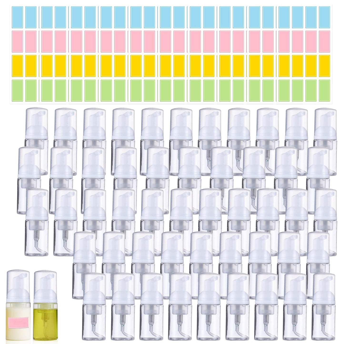 50 Pcs Foam Pump Bottle 1 oz Small Size Mousse Foam Soap Dispenser,Clear Plastic Empty Refillable Mini Foam Pump Bottle for Face Wash Shampoo Skin Care with 160 Labels（30 ml）