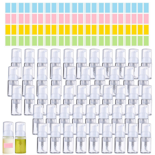 50 Pcs Foam Pump Bottle 1 oz Small Size Mousse Foam Soap Dispenser,Clear Plastic Empty Refillable Mini Foam Pump Bottle for Face Wash Shampoo Skin Care with 160 Labels（30 ml）