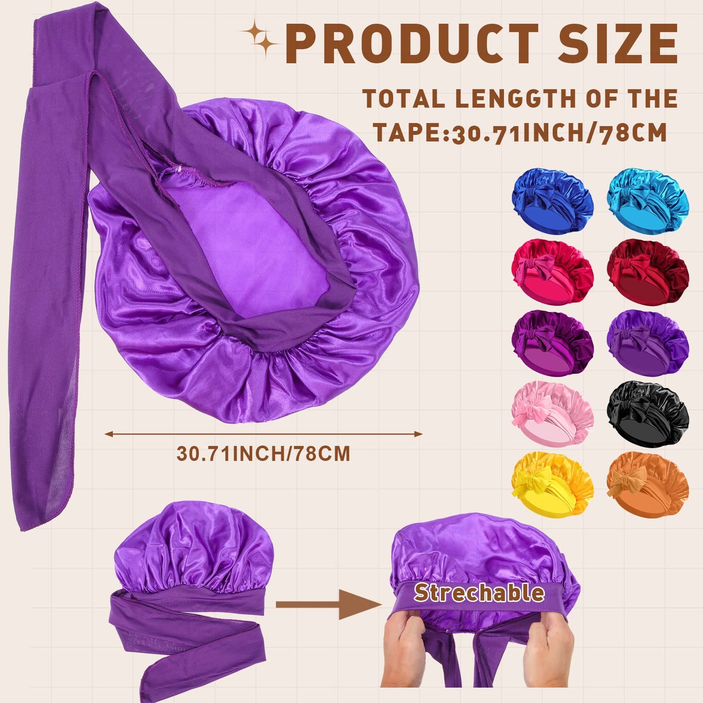 Yahenda 10 Pcs Large Satin Bonnet Soft Silky Bonnet Hair Wrap for Sleeping Adjustable Scarf for Women Men Curly Hair Stretchy for Long, Natural, Braid at Night, 10 Colors