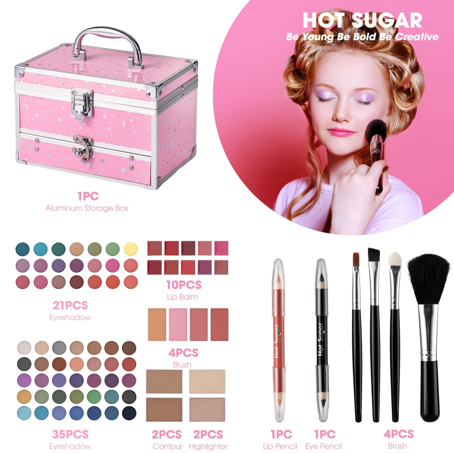 Hot Sugar Makeup Kit for Teens with Train Case, Portable Beginner Makeup Gift Set, Makeup Beauty Kit for Girls (Pink)