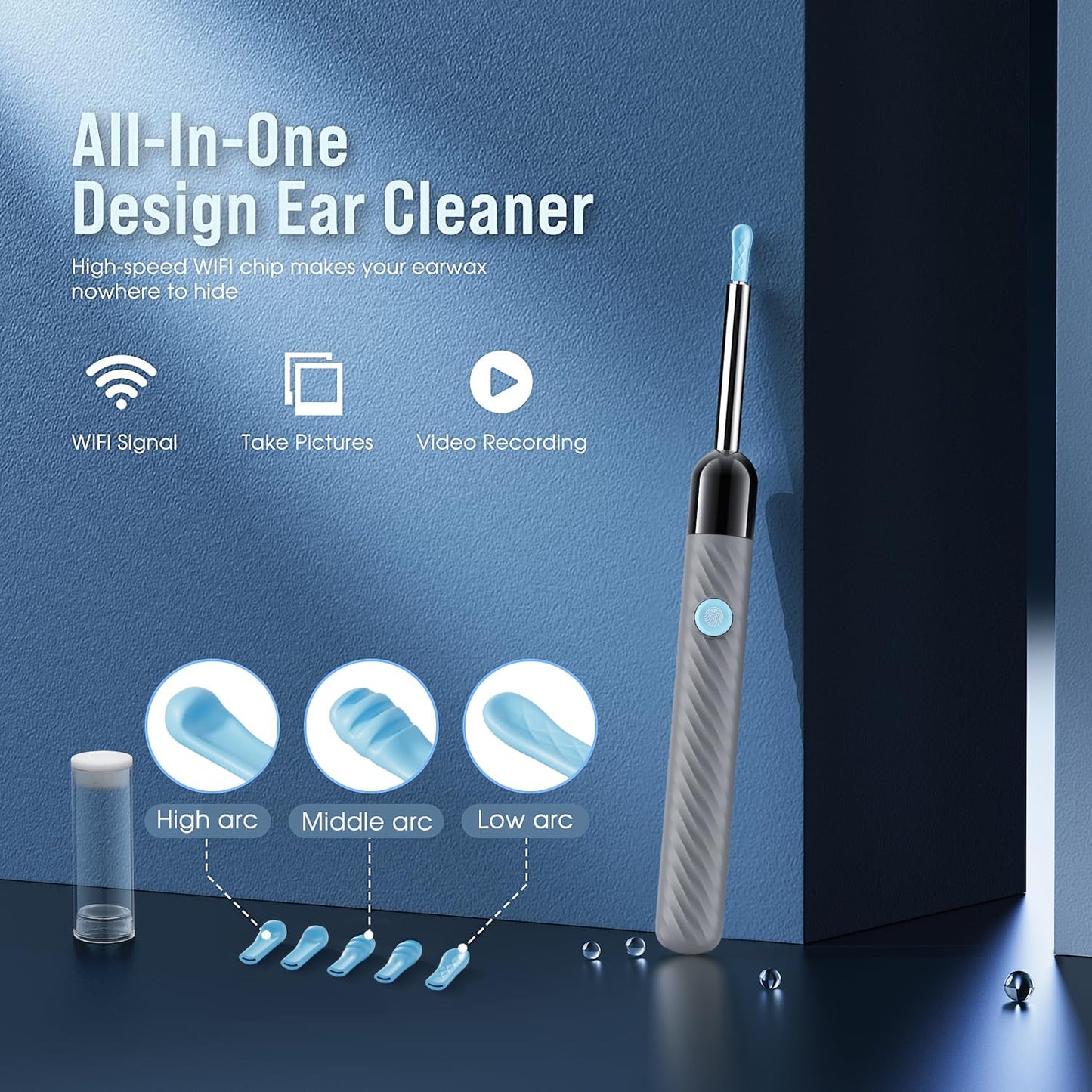 LEIPUT Ear Wax Removal - Earwax Remover Tool with 8 Pcs Ear Set - Ear Canal Cleaner with 1080P Camera - Ear Cleaning Kit with 6 Ear Spoon - Ear Camera for iOS & Android (Grey)