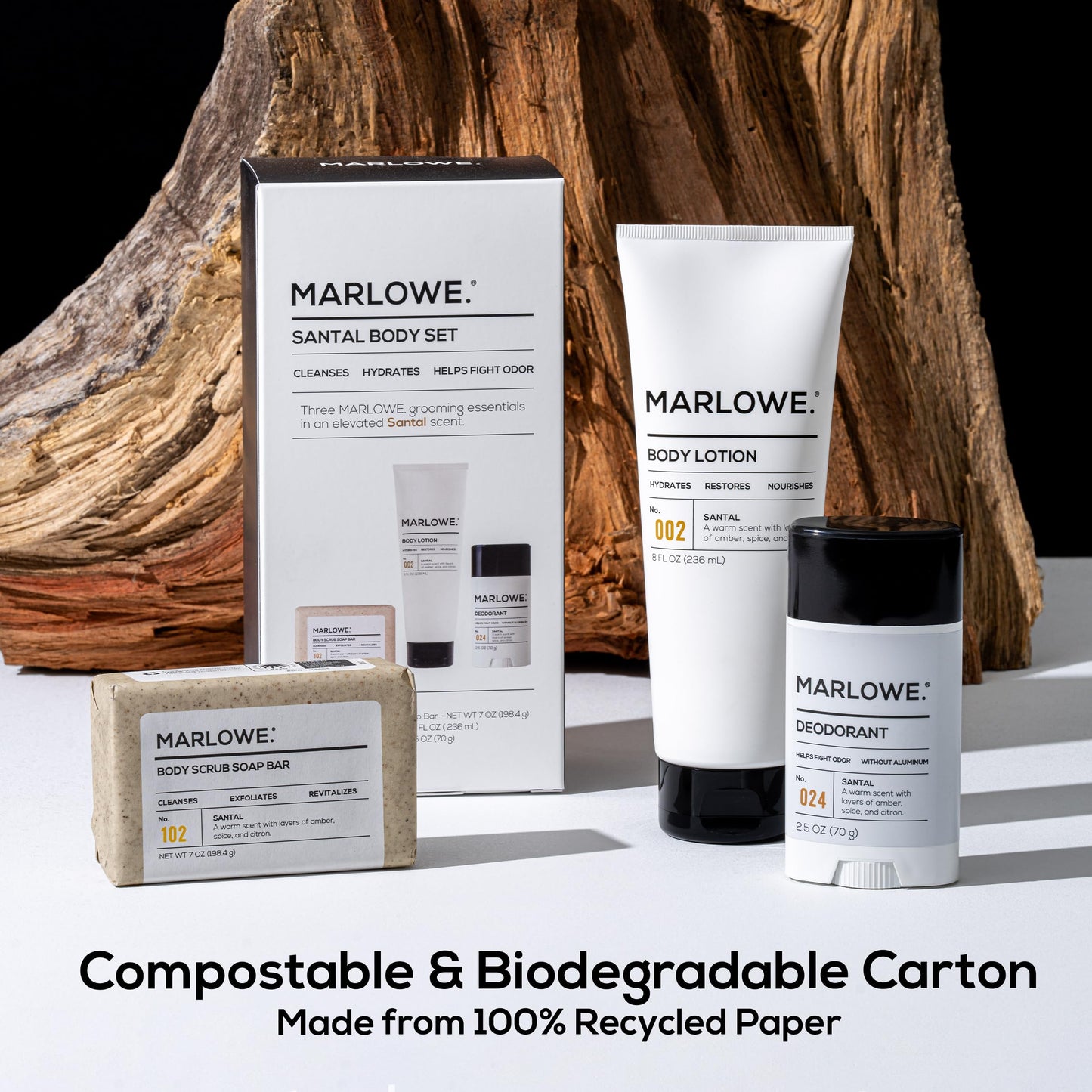 MARLOWE. Men's Santal Body Gift Set, Scrub Soap, Deodorant + Lotion