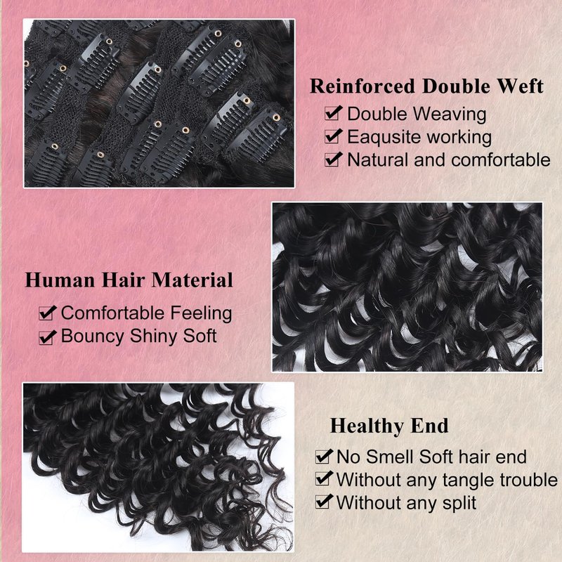 Deep Wave Clip in Hair Extensions Real Human Hair 16 Inch Deep Curly Clip ins for Women Invisible Seamless Remy Human Hair Clips in Extensions 8pcs 100g/3.5oz 20 Clips Double Weft Natural Black