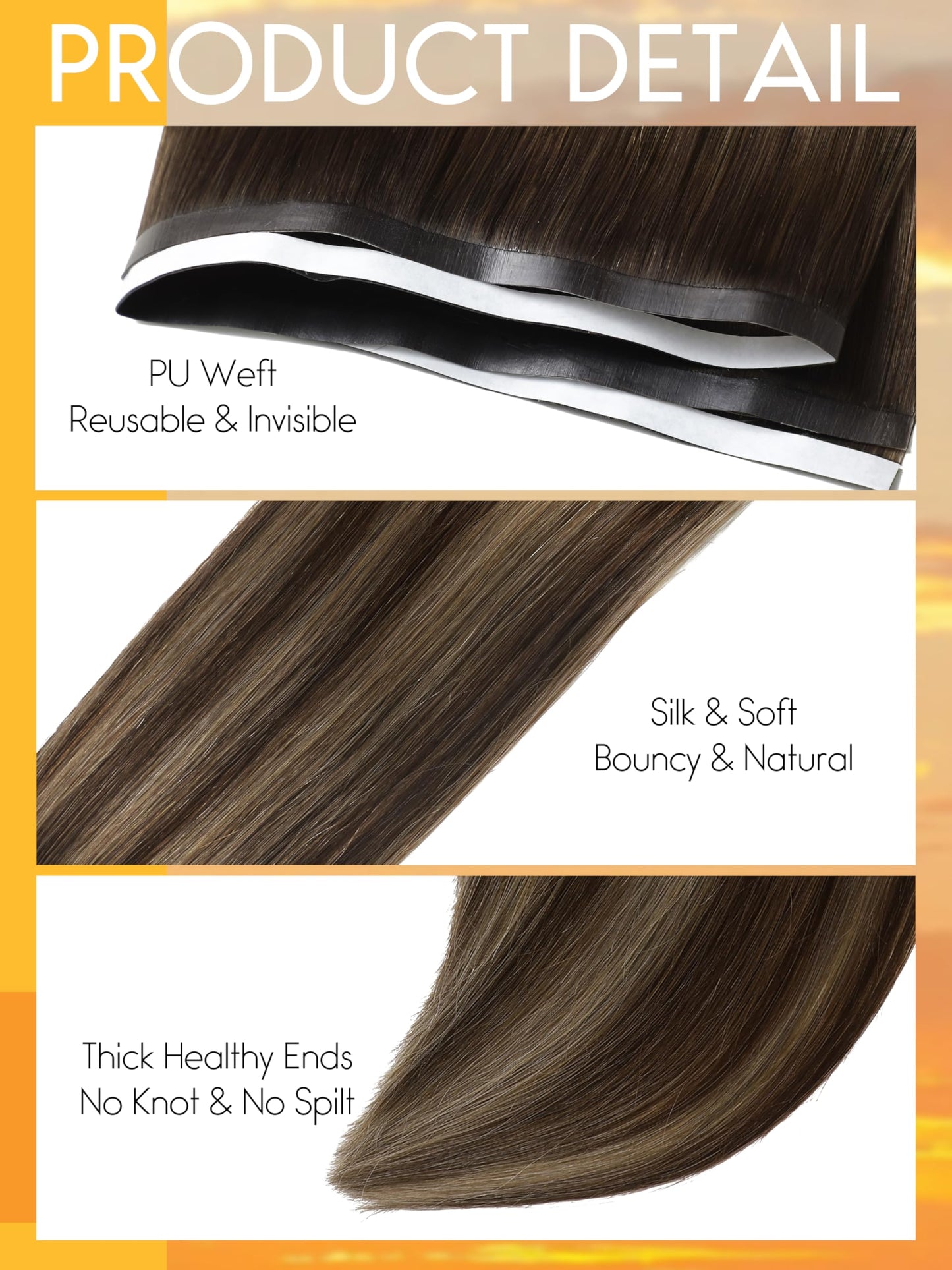 Caliee 16 Inch Long Weft Tape in Hair Extensions 50G One Piece Tape in Hair Extensions Invisible Color R2-2/6 Darkest Brown with Chestnut Brown Soft Wide PU Weft 31.5"(80cm)