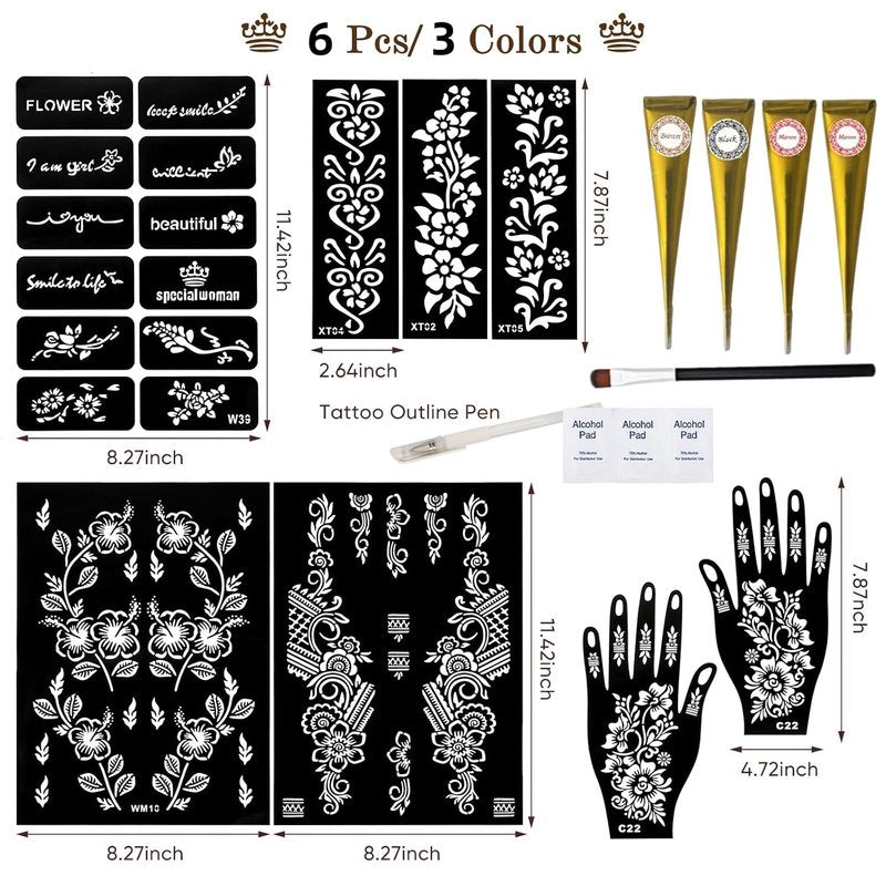 Temporary Tattoo Stencils Kit - 4 Pcs Tattoo Cones in Black, Maroon & Brown | Includes Outline Pen, Cotton Swabs & Brush for Fun Family Parties