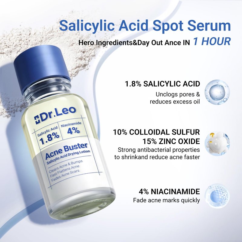 Dr.Leo 1.8% Salicylic Acid Acne Treatment, Drying Lotion Acne Spot Treatment for Acne-Prone Sensitive Skin | Niacinamide, Fast Pimple Relief, Fades Acne Marks, Overnight & Period Breakouts, 0.34 fl oz
