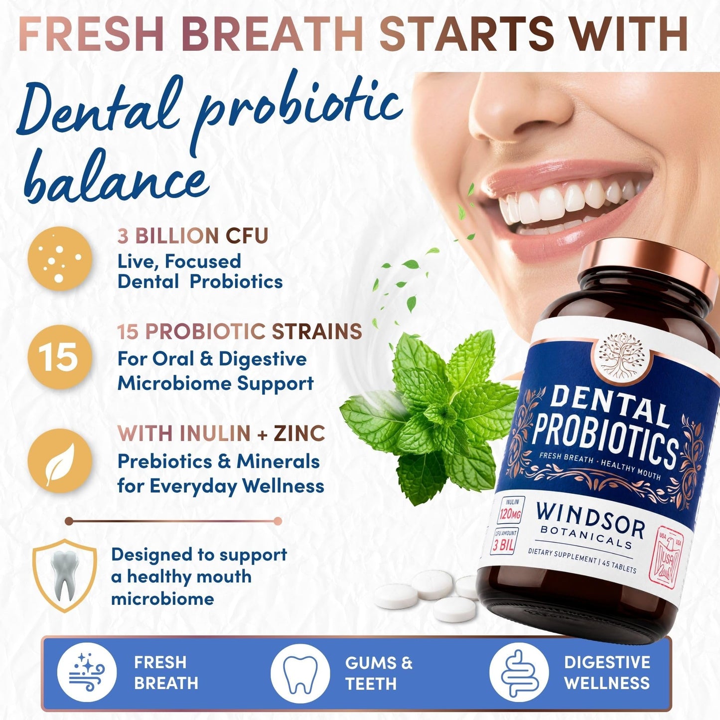 Oral Probiotics for Teeth and Gums - 3BN CFU Lactobacillus Salivarius Acidophilus Rhamnosus Streptococcus - Bad Breath Treatment for Adults - 45 Chewable Mint Dental Probiotic Tablets for Women & Men